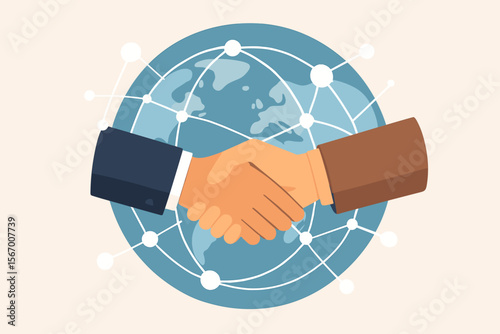 Global business partnership handshake over a world map with network connections. International corporate deal and agreement concept. Cooperation, communication, and success. Flat vector illustration.