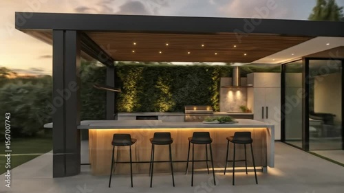 Outdoor kitchen design ideas for summer entertaining and backyard bbq with modern pergola style cover