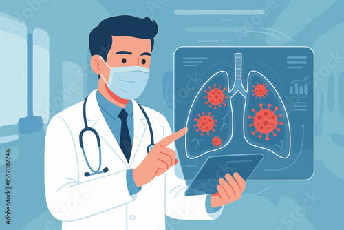Doctor with face mask diagnoses Covid-19. Physician analyzes coronavirus spread in human lungs on a futuristic tablet screen. Healthcare, medicine, pneumonia, respiratory concept.