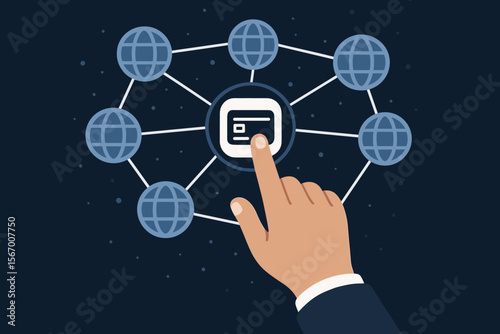 Global payment network concept. Businessman hand touching credit card icon for international money transfer and online banking. Fintech and e-commerce vector illustration.