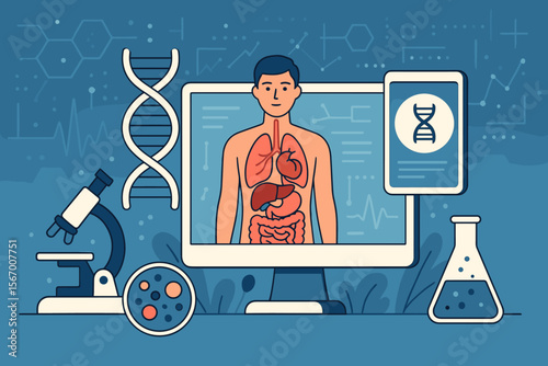 Medical technology concept with human anatomy on a computer screen showing internal organs. Digital health diagnostics, telemedicine, biotechnology, and genetic research illustration.