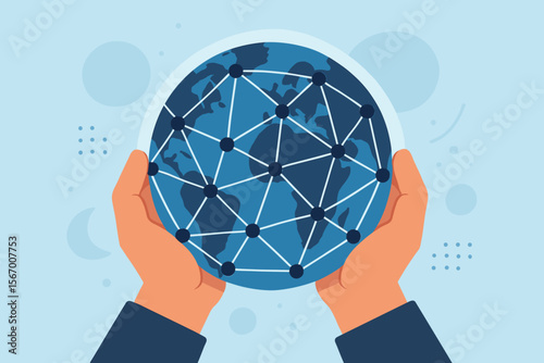 Hands holding globe with abstract global network connection. Concept for international business, worldwide communication, data exchange, and internet technology. Modern flat vector illustration.