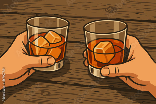 Two hands holding glasses of whiskey with ice, making a toast. Friends cheering with bourbon on the rocks over a rustic wooden bar table. Vector cartoon illustration of a celebration.