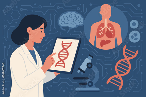 Female scientist with tablet studying DNA. Medical technology concept for human biology research, genetics, and anatomy. Biotechnology, healthcare innovation and diagnostics vector.