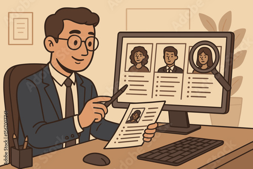 HR manager recruiting new employees. Man at computer reviewing CV and resume profiles. Concept for hiring, recruitment, job search, talent acquisition, and candidate selection. Vector cartoon.