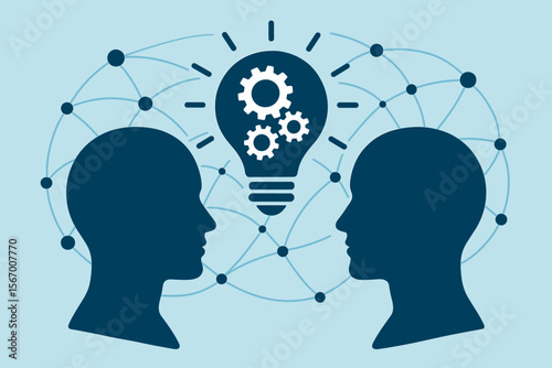 Teamwork collaboration concept. Two heads silhouette. Lightbulb with gears. Innovation, brainstorming, communication, knowledge sharing, problem solving, creative process, strategy. Network. Vector.