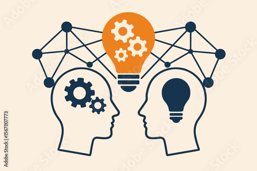 Innovation and collaboration concept. Two human heads with gears and lightbulb. Metaphor for brainstorming, knowledge transfer, problem solving, teamwork, and creative process.