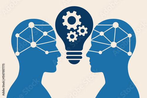 Brainstorming and teamwork concept. Two human head silhouettes sharing a creative idea. Neural network and lightbulb with gears representing innovation, synergy, and problem solving.