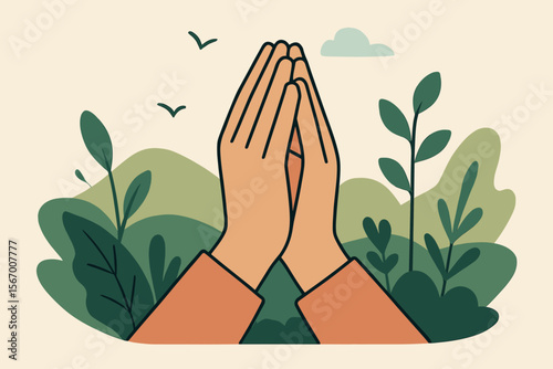 Praying hands gesture showing gratitude and respect for nature. Spirituality and environmental conservation concept. Ecology and harmony with the earth. Modern flat vector cartoon illustration.