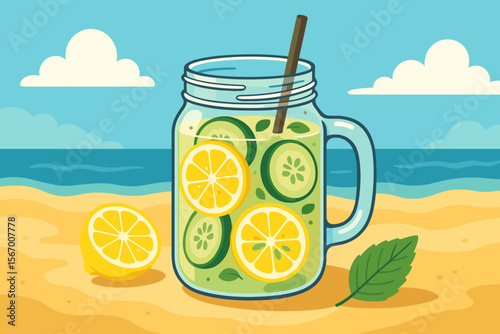 Refreshing summer drink concept. Infused detox water with lemon and cucumber in a mason jar on a tropical sand beach. Healthy lifestyle beverage vector cartoon illustration.