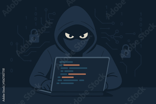Anonymous hacker in a hoodie working on a laptop computer. Cybercrime and cybersecurity concept. Internet crime, data theft, phishing, malware, network security breach. Vector illustration.