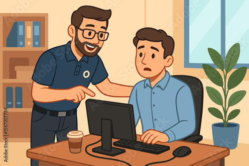 Manager mentoring employee at office desk. IT specialist providing tech support for a computer problem. Business teamwork, guidance and troubleshooting concept. Confused worker getting help.