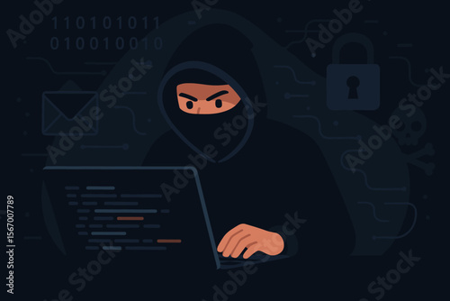 Hacker in hoodie at laptop computer. Cybercrime, internet fraud, and phishing concept. Man coding malware for data theft. Cybersecurity vulnerability and dark web vector illustration.