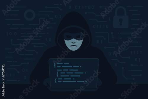 Hacker in hoodie and mask at laptop. Cybercrime concept. Internet security threat. Computer programmer coding malware. Phishing, ransomware, data breach. Dark web anonymous criminal.