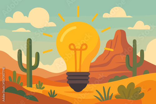 Conceptual illustration of a glowing light bulb in a desert landscape. Metaphor for a bright idea, innovation, creativity, and a new solution. Modern flat vector cartoon background.
