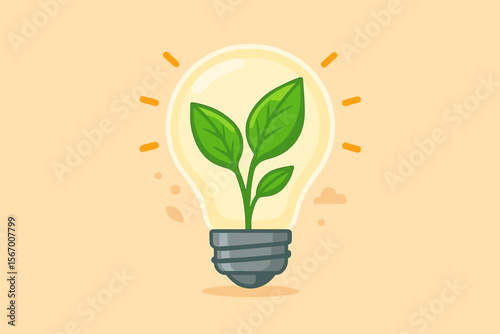 Green energy concept. Light bulb with a growing plant inside. Symbol for sustainability, ecology, and renewable power. Eco-friendly idea for conservation. Think green vector cartoon.