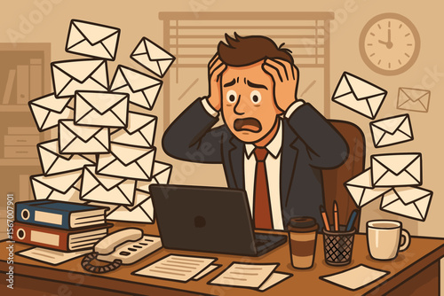 Stressed businessman overwhelmed by email overload. Office worker in panic from too much work, spam, and deadline pressure. Business communication and burnout concept vector.