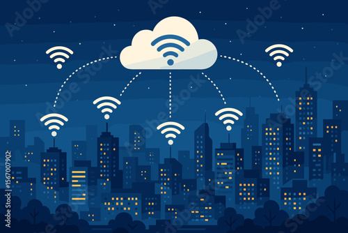 Smart city and wireless communication network concept. Cloud computing technology connecting a futuristic city at night. Data transfer and internet of things (IoT) illustration.