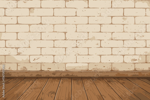 Vintage empty room interior with a white brick wall and brown wooden floor. Rustic grunge background with texture. Flat vector cartoon illustration for product display or backdrop.