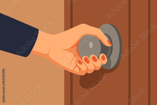 Woman's hand holding a doorknob. Female arm turning handle to open a wooden door. Concept of new opportunity, choice, access, beginning, or privacy. Modern flat cartoon vector.