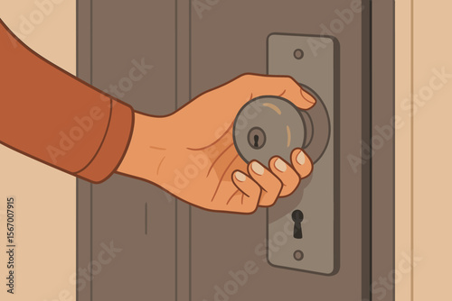 Hand holding a doorknob to open or close a door. Concept of opportunity, new beginnings, access, entry, exit, welcome, or security. Home entrance. Flat cartoon vector illustration.