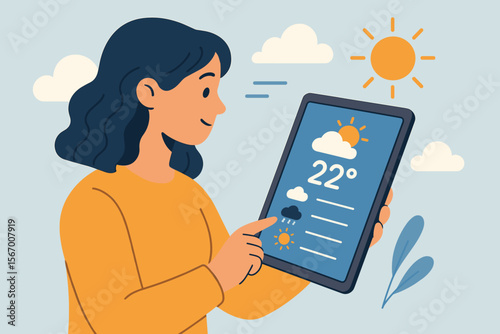 Woman checking weather forecast on tablet application. Girl using mobile device for meteorology prediction. Sunny day with warm temperature. Modern flat vector cartoon illustration.