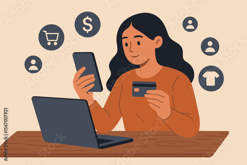 Woman making online payment with credit card and smartphone. Customer shopping online using laptop. E-commerce, mobile banking, fintech technology concept. Omni channel vector illustration.