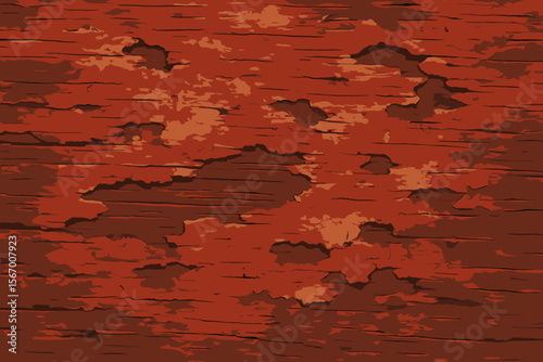 Red wood texture with peeling paint. Grunge background of weathered wooden planks. Old, rustic, distressed surface. Vector illustration of cracked paint and abrasion effect.