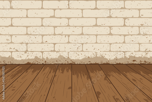 Vintage room interior with an old white brick wall and brown wooden floor. Empty grunge scene backdrop for product display or presentation. Flat cartoon vector illustration.