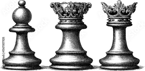 Vintage chess queen and crown dotwork sketch - hand drawn decorative engraving for design