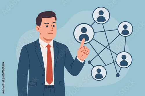 Businessman touching a virtual interface with a network of people icons. Human resources management concept, CRM, social networking, teamwork and leadership. Flat vector illustration.