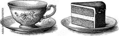 Vintage china teacup and layered cake slice engraving for retro design