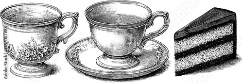 Vintage china teacup with saucer and layered cake slice for retro cafe design
