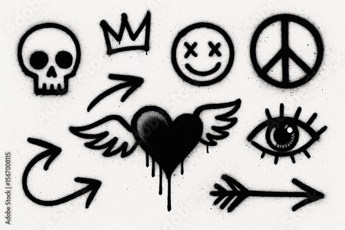 Graffiti Grunge Spray Paint Vector Set – Urban Street Art Symbols on White Background