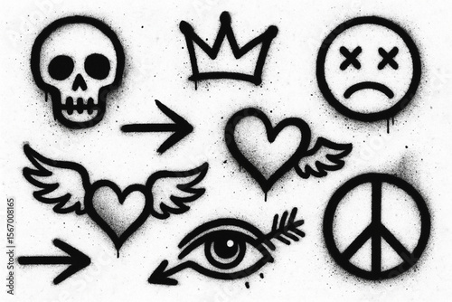 Graffiti Grunge Spray Paint Vector Set – Urban Street Art Symbols on White Background