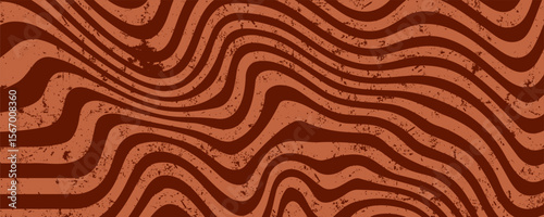Retro coffee color background. Milk chocolate liquid dessert texture. Wavy swirl candy pattern for poster, cover, banner, pamphlet. Vintage brown trippy hippie wallpaper in 60s or 70s style. Vector