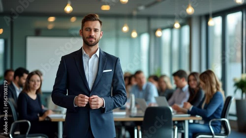 Professional presentation in a corporate office with attentive audience in the background