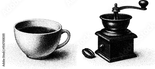 Vintage coffee bean grinder and steaming cup hand drawn illustration for retro design