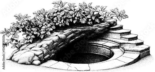 Ancient amphitheatre collapse with carved seat and overgrown foliage - hand drawn engraving for historical design