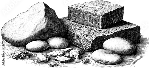 Vintage hand drawn illustration of collapsed sea platform and sea glass shards