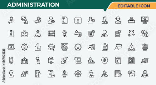 Administration related icon set. Leader line icon set. Minimal icons pack. Contain linear symbols manager, leader, management, team, people, work and more. Pixel perfect. Vector illustration.