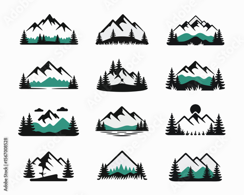 Mountain silhouettes, diverse peak shapes, ideal for logos, adventure themes. Versatile, customizable, perfect for nature branding. Graphic design element, vector outline