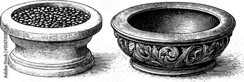 Vintage hand drawn engraving of decorative bowls with ornamental design