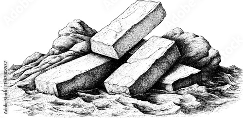 Vintage engraving of collapsed sea platform with sea glass shards illustration