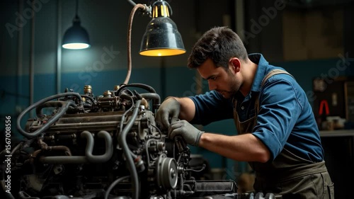 Skilled technician repairs engine components in a well-equipped workshop