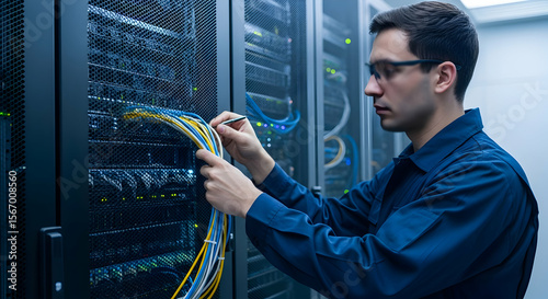 Technician working with network cables in data center