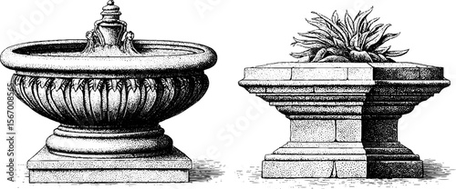 Vintage sketch of ornate collapsed fountain and sand drained urn silhouettes for retro design