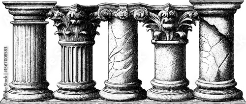 Vintage engraving of classical columns with missing capitals and marble texture