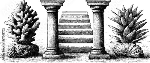 Vintage coral and barnacle pier with steps and stump design for print and card