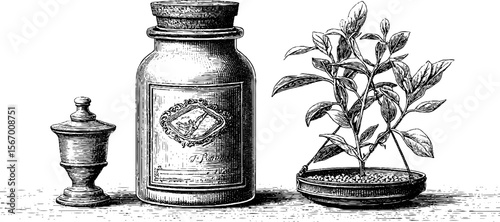 Vintage apothecary scene with corked jar and herb plant for retro design